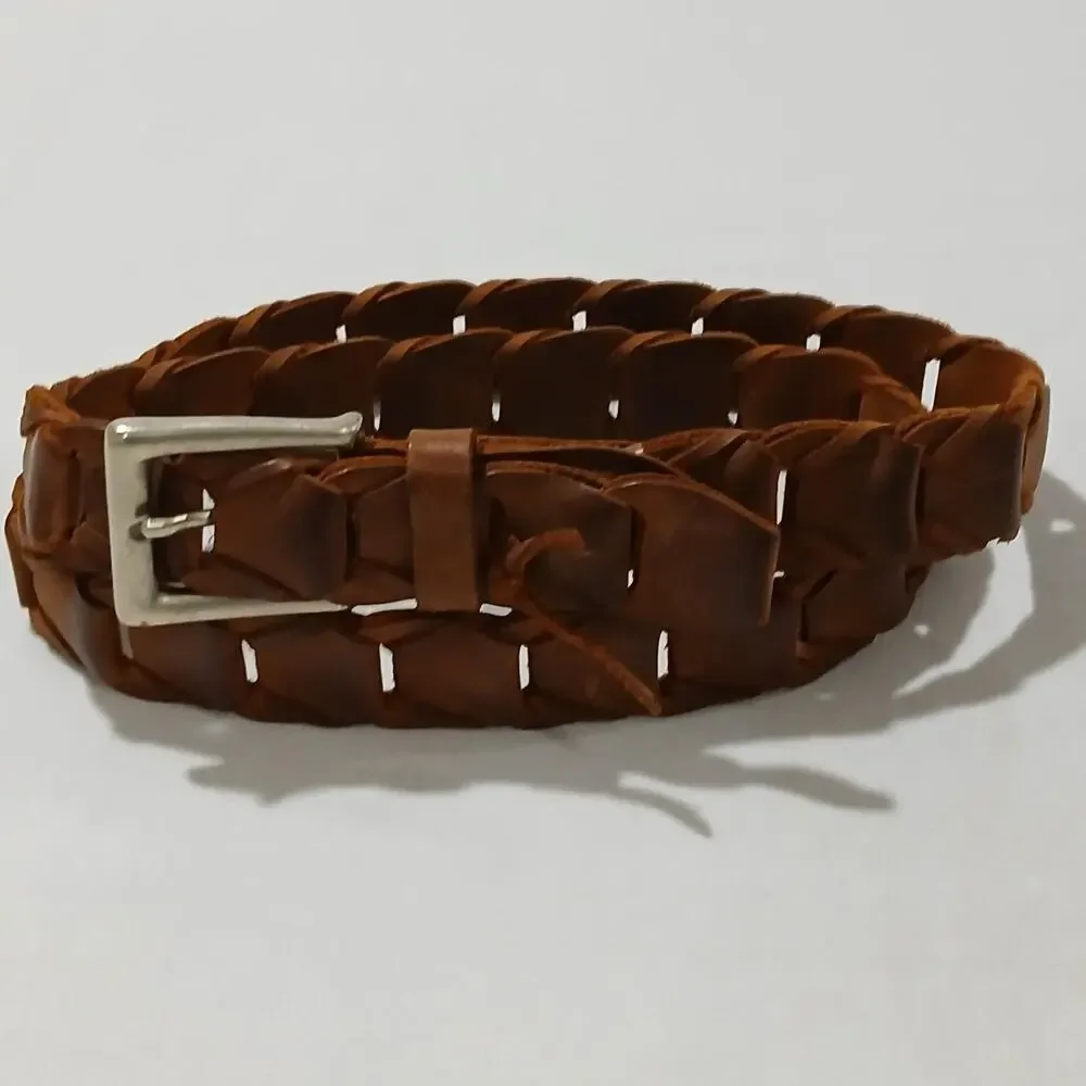 Braided Genuine Leather Belt Mens 42 Brown Woven Silver Buckle Adjustable